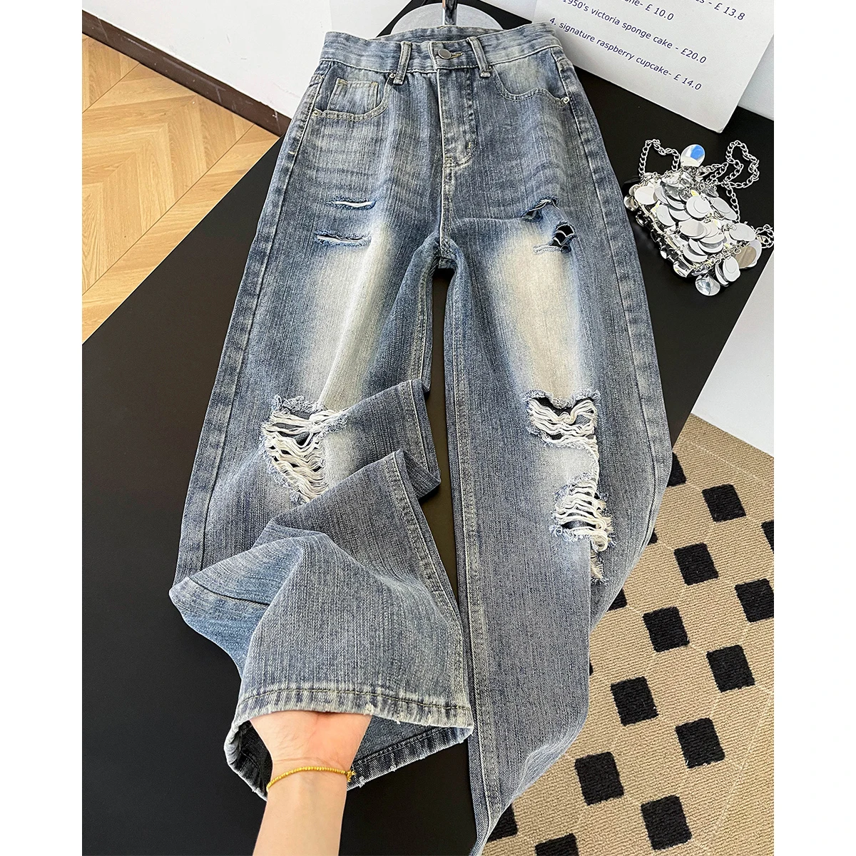 High Waist Gradient Washed Ripped Women's Jeans Vintage Distressed Frayed Hole Pants Streetwear Blue Loose Wide Leg Trousers