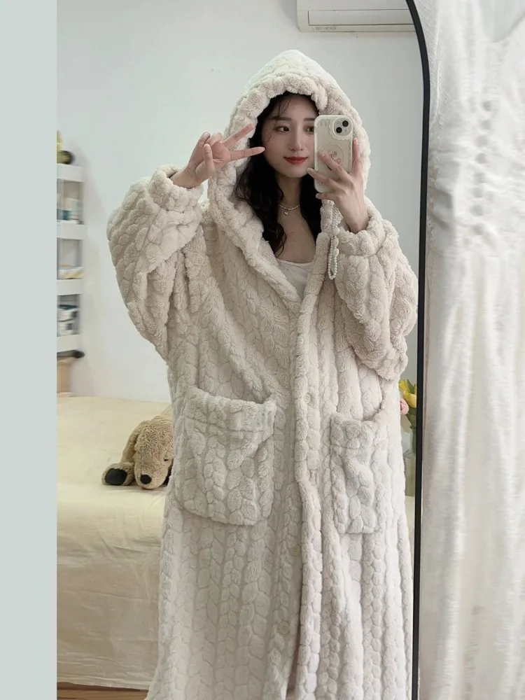 Hooded Robes Women Pockets Solid Leisure Special Cute Warm Winter Nightwear Soft Korean Style Design Ladies Vintage Age-reducing