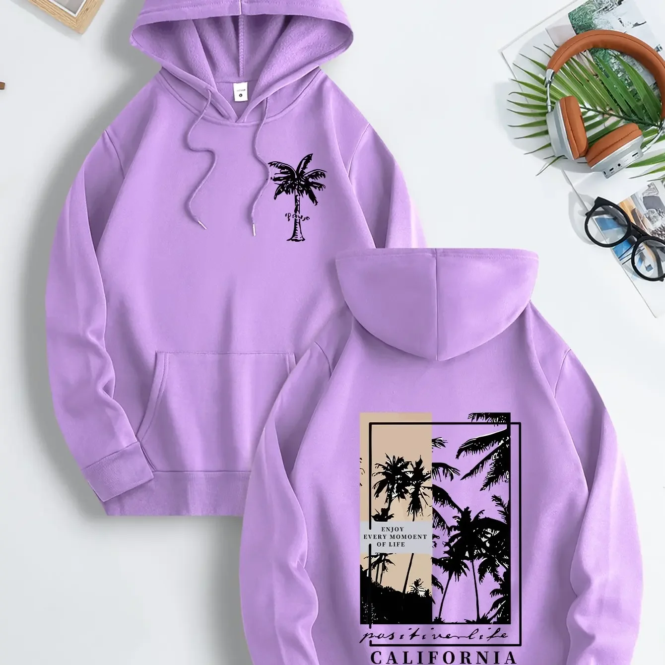 Vintage California Palm Tree Print Hoodie Men Double Sided Tropical Beach Style Loose Long Sleeve Pullover