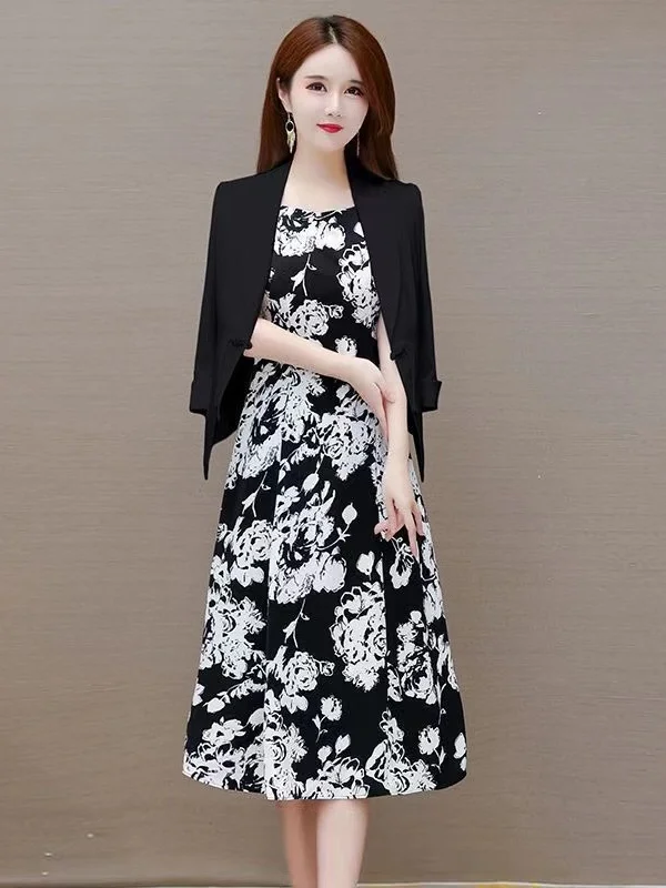 plus Size Women's Dress Suit Jacket Two-Piece Set Autumn New Arrival High-End Feel Floral Inner Wear Dress Set Fashionable En...