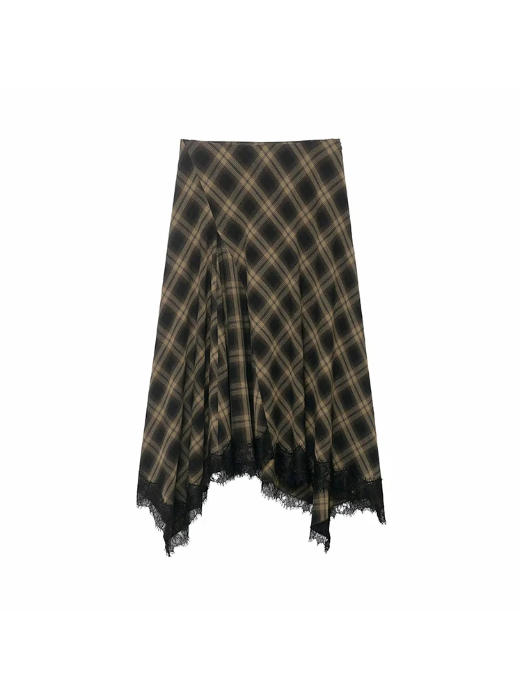 Women New Plaid Lace Long Skirts Loose Pleated Buttons High Waist A-line Female Skirt Autumn Lady Skirts