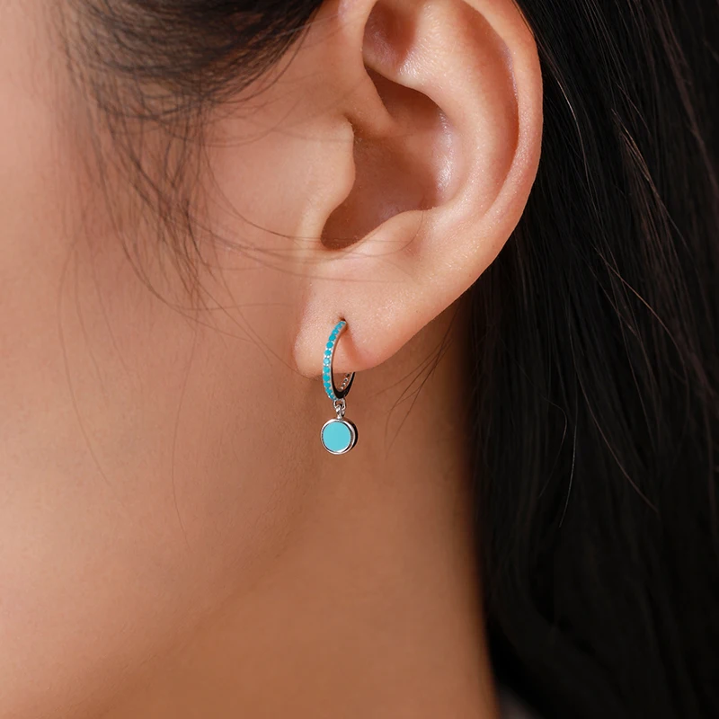 Ailmay 925 Sterling Silver Vintage Elegant Round Natural Turquoise Female Drop Earrings For Women Engagement Anniversary Jewelry