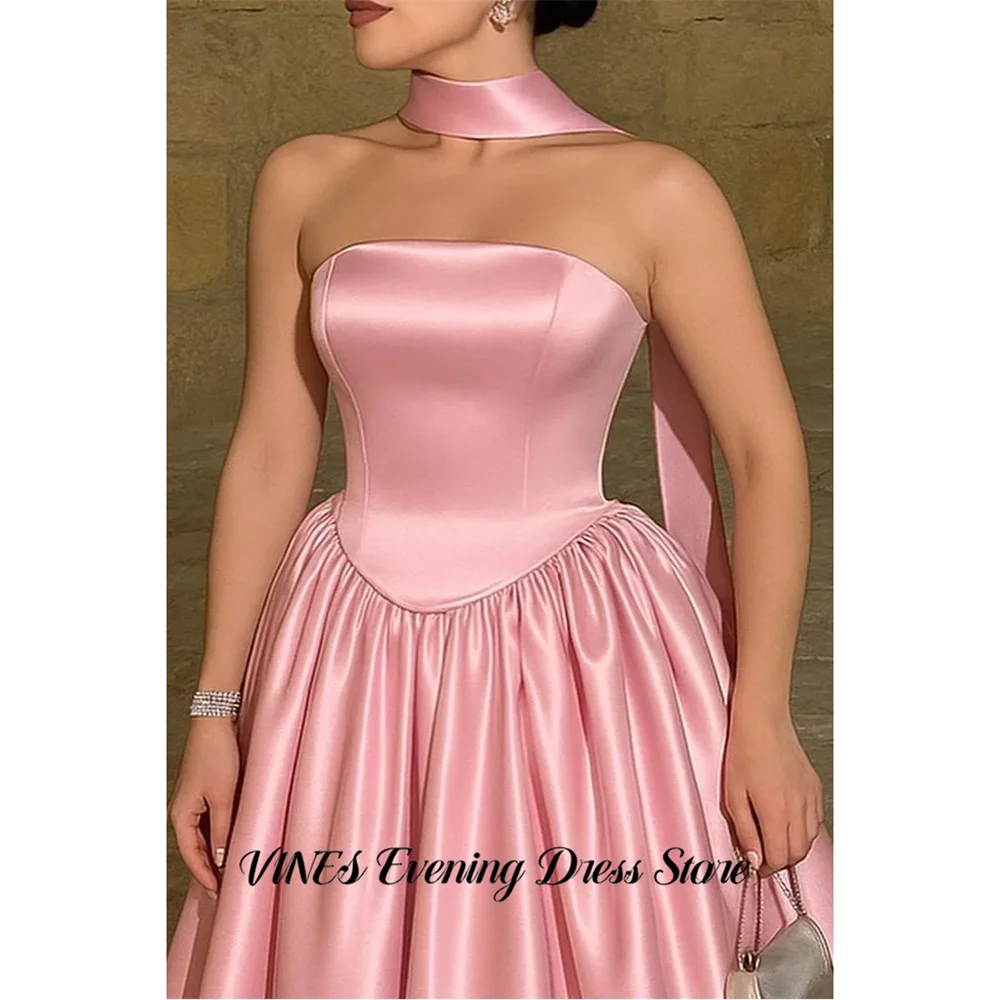 

VINES Pink Simple Evening Dresses Sleeveless A Line Gala Dresses Pleated Satin Prom Dresses with Scarf Party Dress Customized