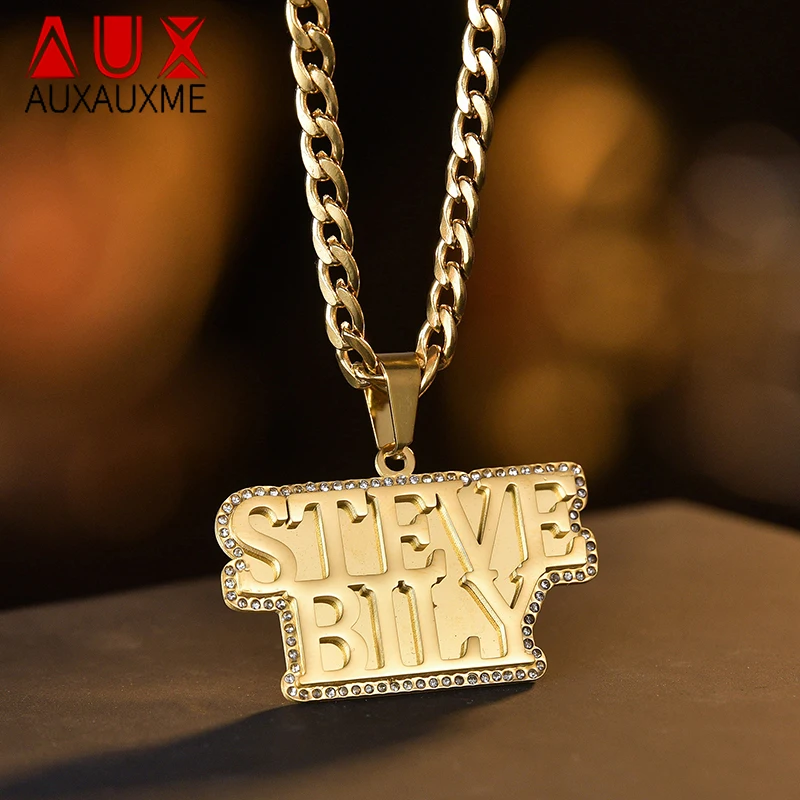 Auxauxme Custom Double Thick Plated Carving Names Pendant Necklace for Men Women Crystal Zircon Letter Thick Chain Jewelry Gifts