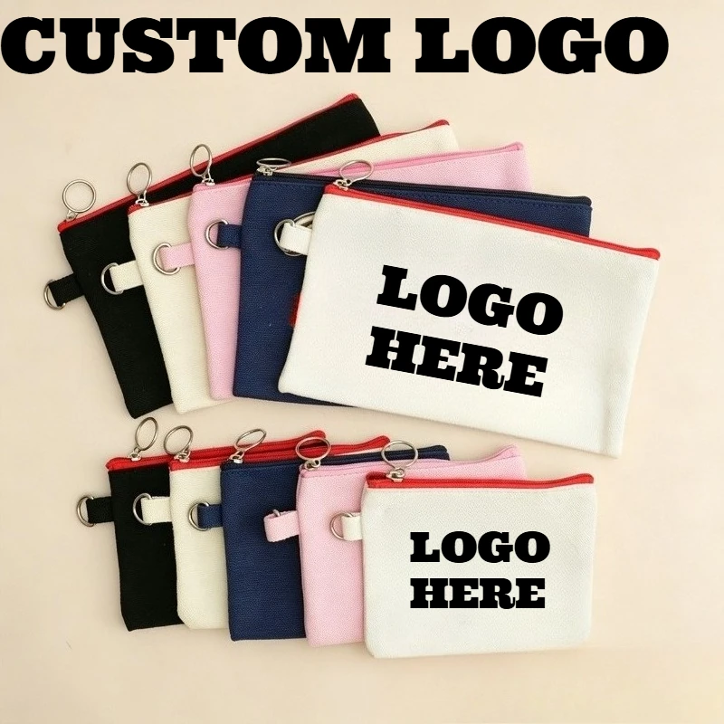 Custom Logo Blank Canvas Zipper Pencil Cases Pen Pouches Cotton Cosmetic Bags Makeup Bags Mobile Phone Clutch Bag Organizer