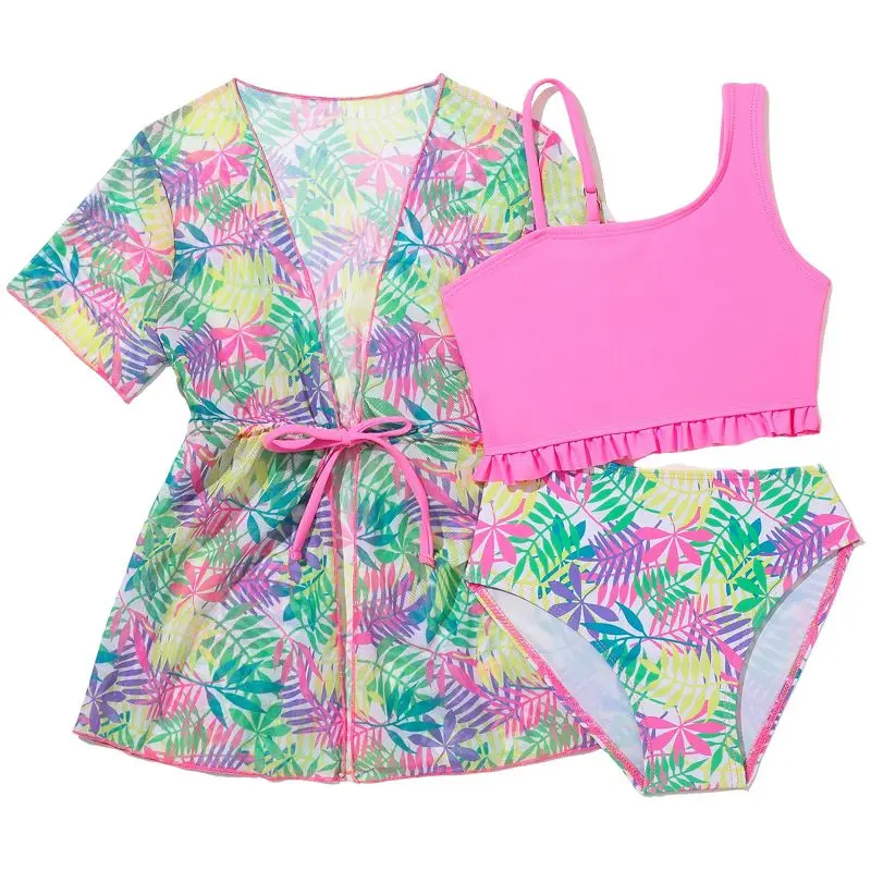 Комплект бикини с высокой талией и принтом сердца для девочек, комплект бикини с накидкой, детский купальник, детский купальный костюм, пляжная одежда