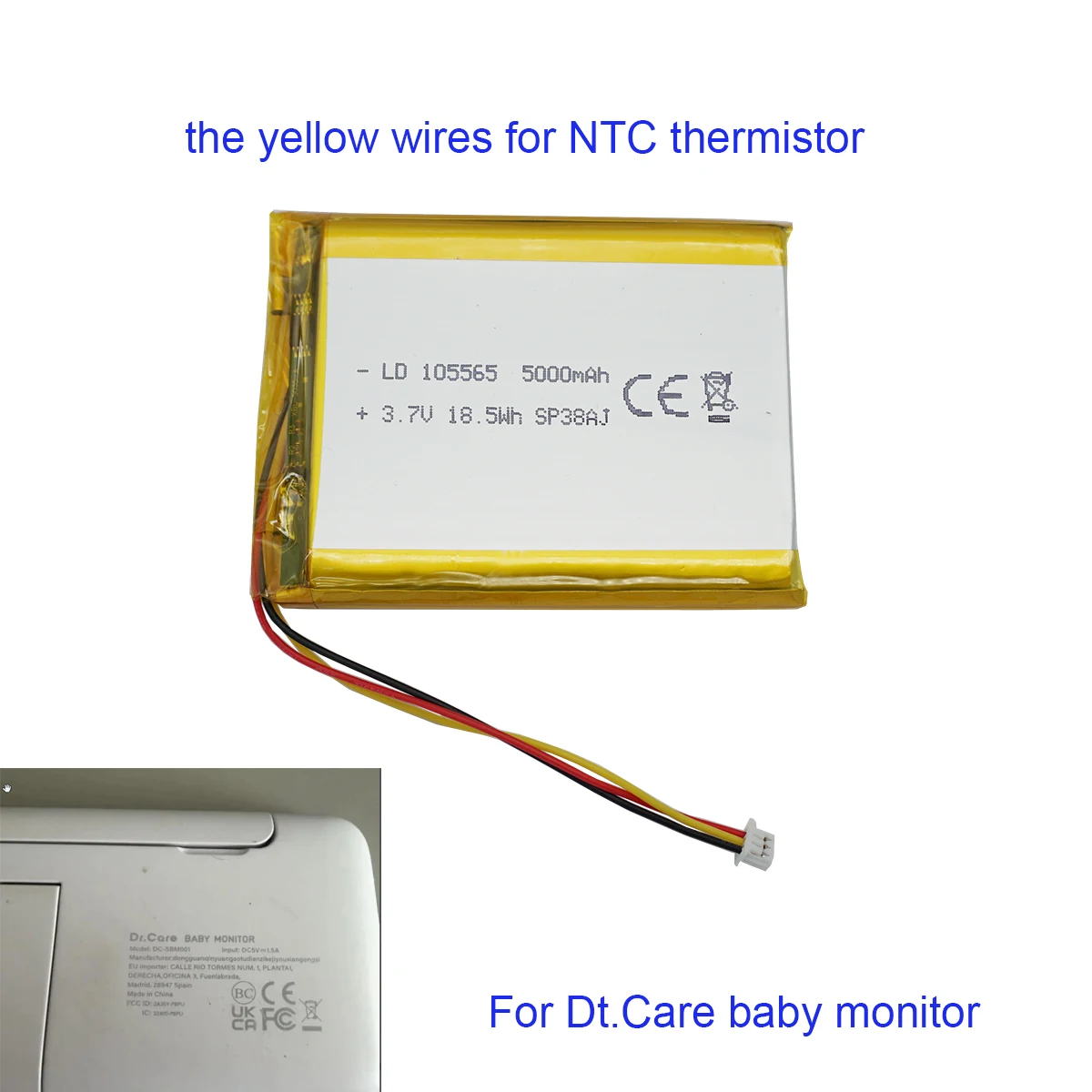 Image of 3,7 V 5000 mAh 18,5 Wh Li-Polymer-Lithium-Akku 105565 JST 3-poliger 1,25-mm-Anschluss für einen Dt.Care-Babyphone