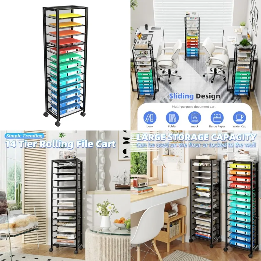 

Simple Trending 14 Tier Rolling File Cart Desk File Organizer with Sliding Trays and Wetal Mesh Paper Letter Storage Multi-Func