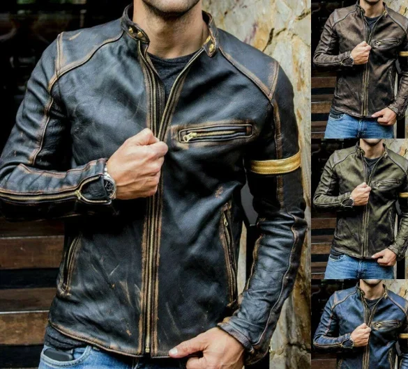 

Leather Moto Jacket Trend Brand Men's New Clothing Retro Fashion Leather Jacket Streetwear Blazer Casual Jackets Men Outerwear