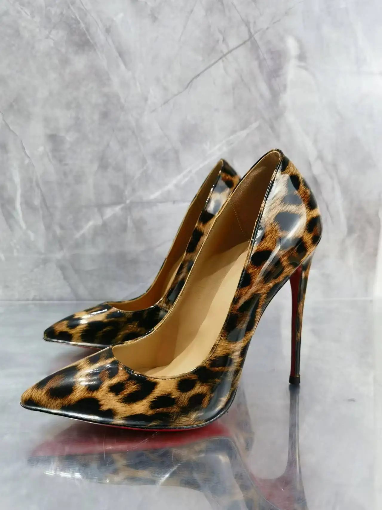 Woman Leopard Print Leather Single Pumps Stiletto Heel 10Cm 12Cm Female Thin High Heel Slip On Wedding Party Single Shoes