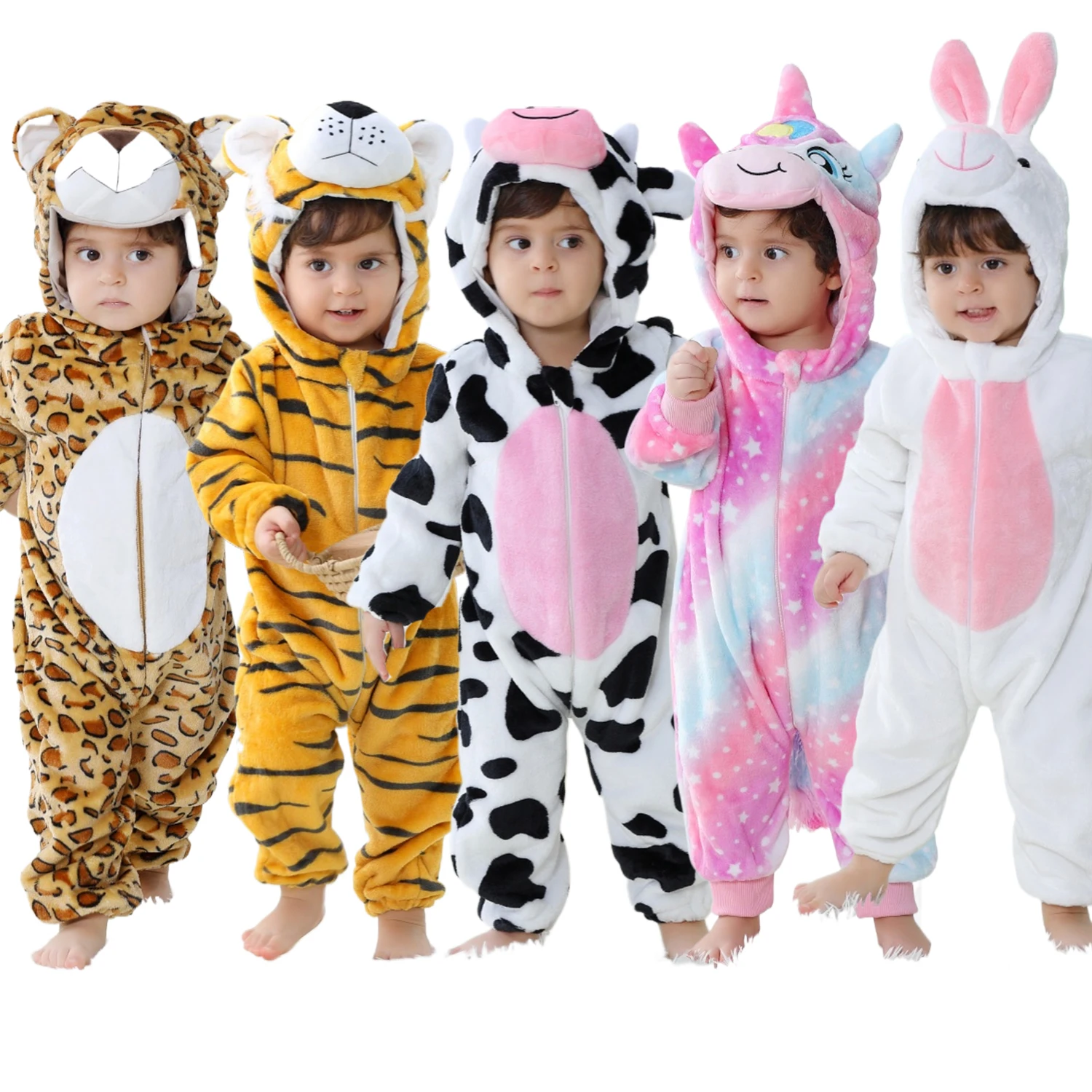 Toddler Boys Girls Kigurumi Pajamas Sleepwear Baby Cute Cow Unicorn Cartoon Rompers Infant Flannel Animal Onesies For Christmas