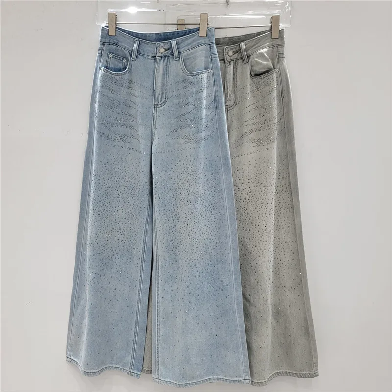 

Autumn Women's Rhinestone Jeans American High Waisted Sequined Denim Pants Fashion Retro New Loose Gray Wide Leg Trousers