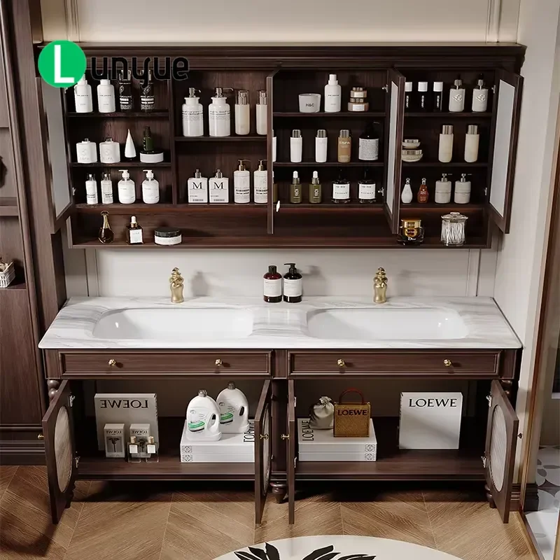 American Retro Bathroom Vanity Solid Wood Free Standing with Marble Countertop Ceramic Sink Single Double Basin Modern Home
