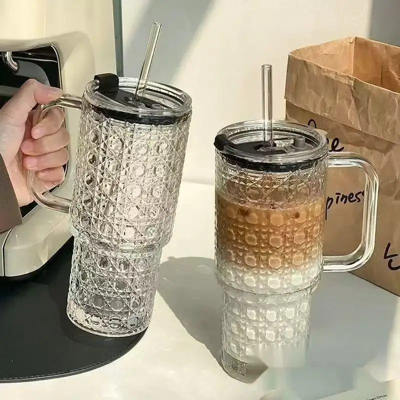 1pcs/2pcsLarge Capacity Glass Cup with Straw and Lid, Heat Resistant Coffee Mug, Office Water Bottle, Durable and Stylish Design