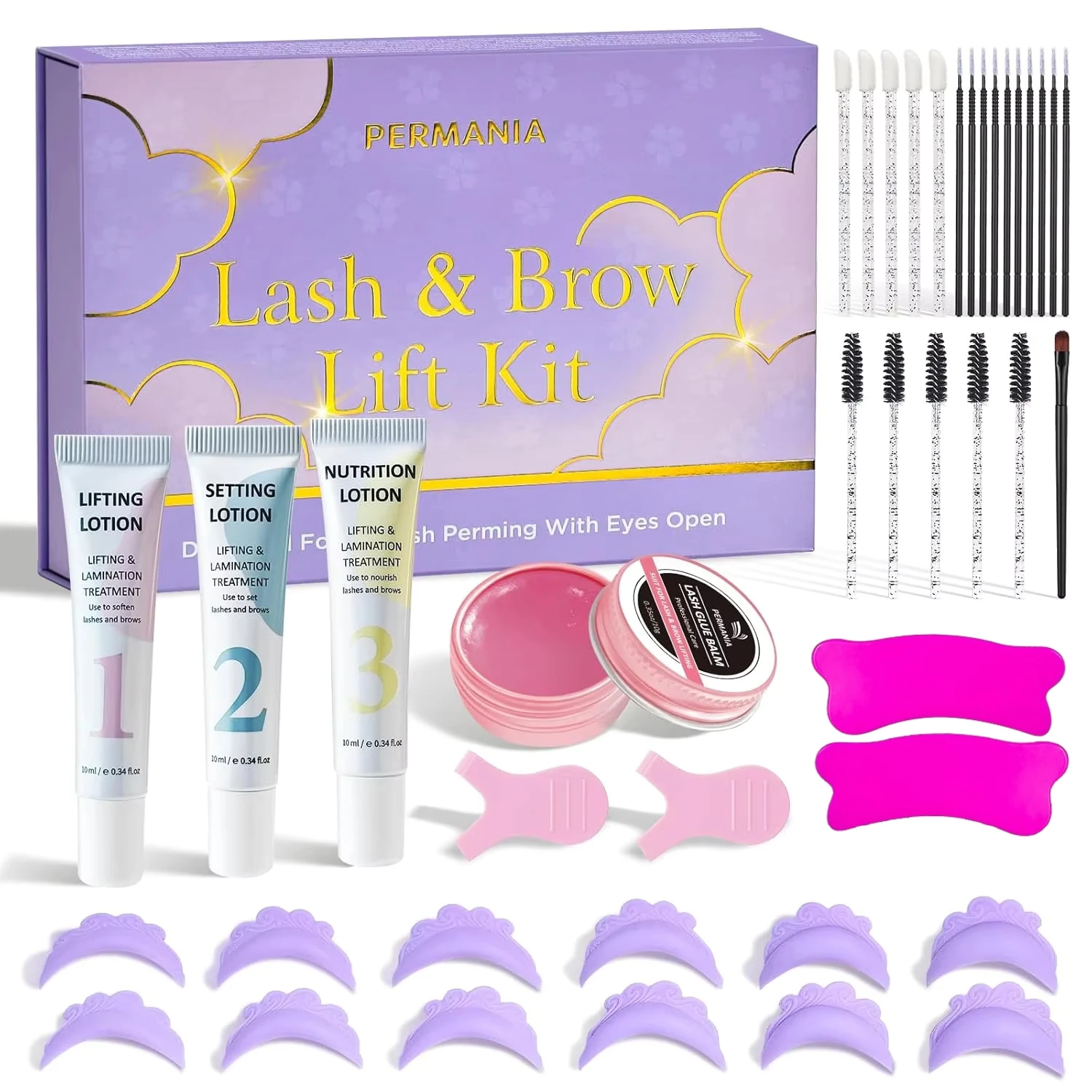 PERMANIA New Eyelash Lift Kit 2-in-1 Korean Eyelash Lift and Eyebrow Laminating Kit With Open Eyes Silicone Shields Soft Formula