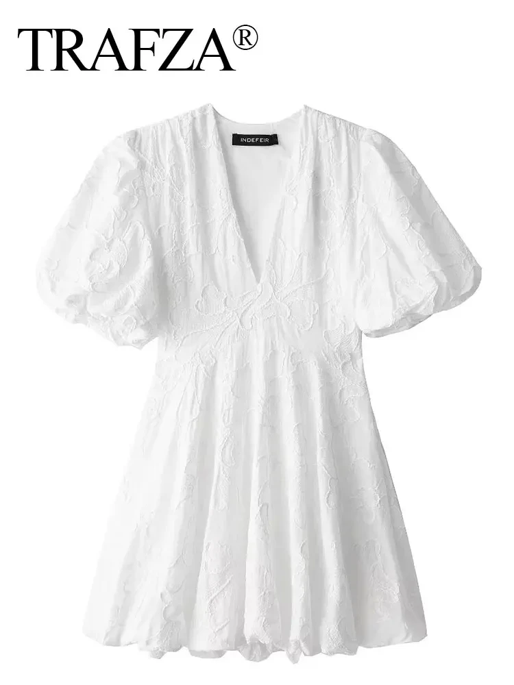 TRAFZA Women Elegant White Embroidery Dress V Neck Short Sleeve Mini Dresses 2024 Summer Fashion Y2K High Street Dress Vestidos