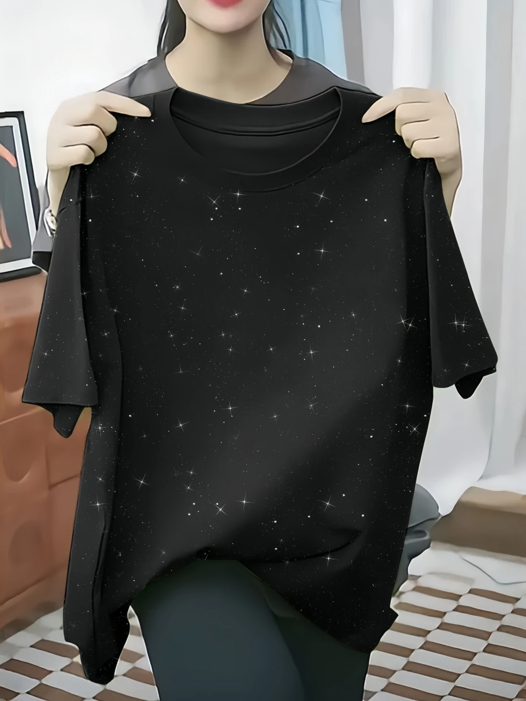 Black Sequin Star Craft Short Sleeve Women's T-shirt Summer New Loose Elegant Age-Defying Top Cotton Korean Style round Neck