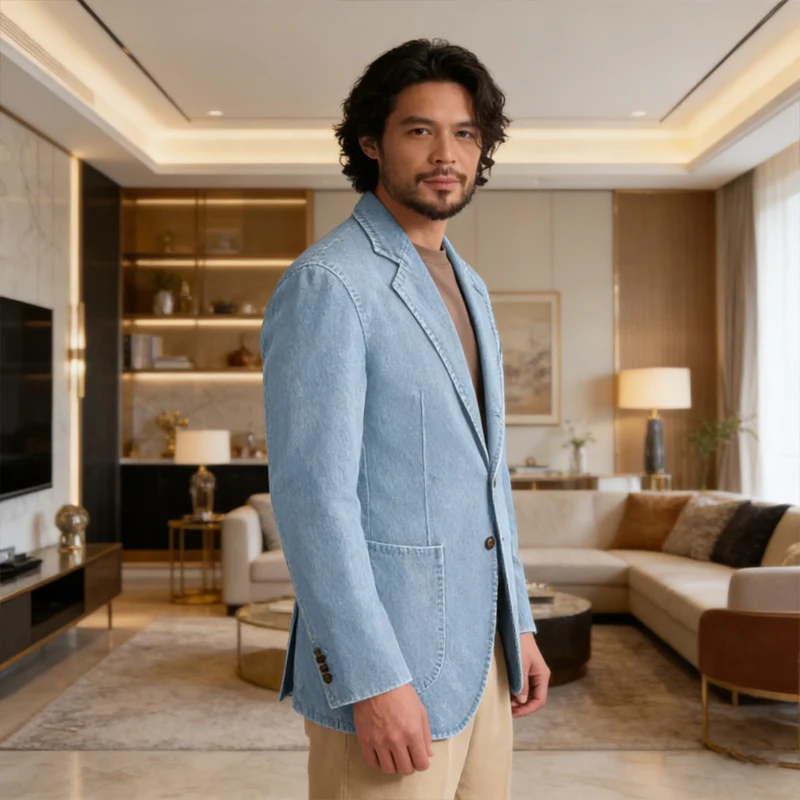 

Мужской стрейч-джинсовый блейзер классического кроя с отложным воротником на 2 пуговицах, мягкий, дышащий, для делового и повседневного стиля, спортивный пиджак с карманами