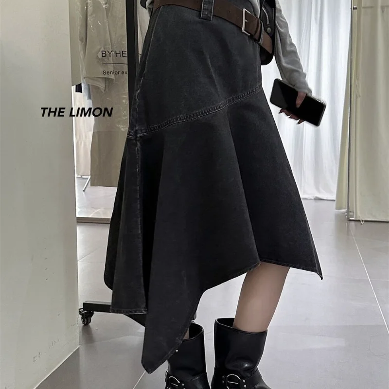 

Spring and Autumn Maillard Irregular Washed Thick Denim Fried Flower Craft Skirt with Belt