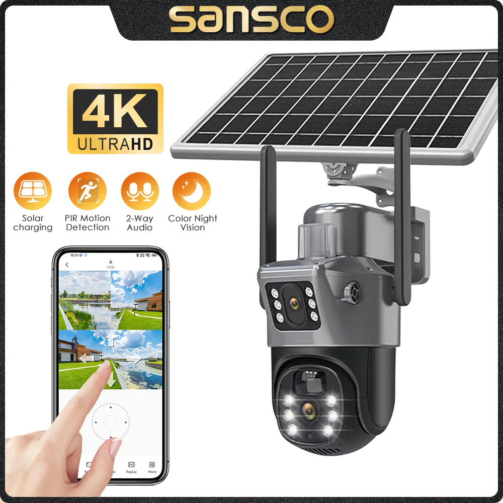 

SANSCO 4K 8MP Dual Lens WIFI Solar Camera Dual Screen Battery PIR Motion Detection Outdoor 4MP PTZ Security Camera Eseecloud