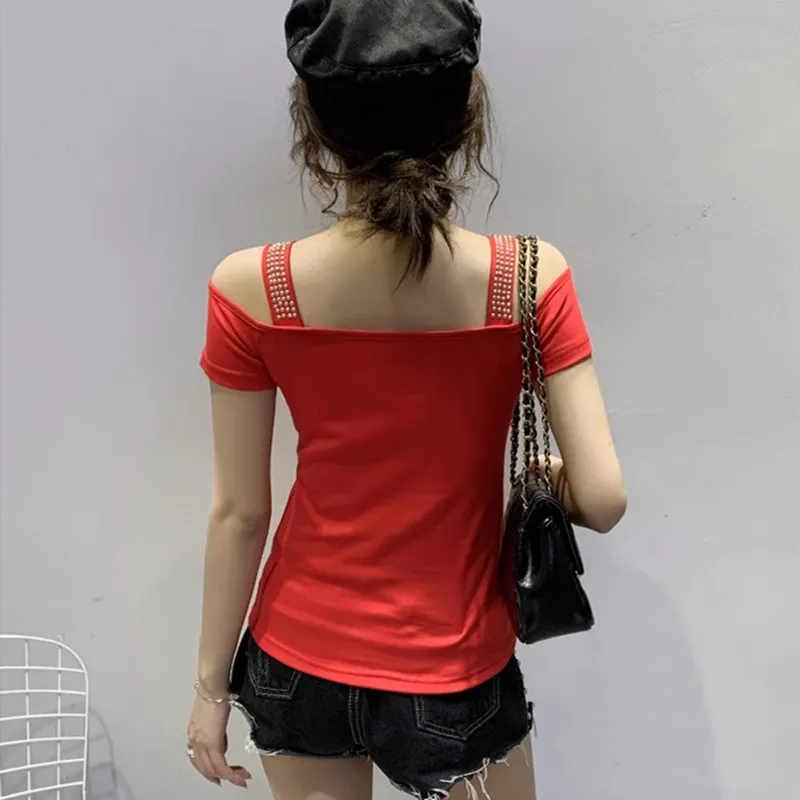 New Fashion Korean Clothes Cotton T-Shirt Chic Sexy V-Neck Off Shoulder Shiny Diamonds Tees Women Short Sleeve All Match Tops