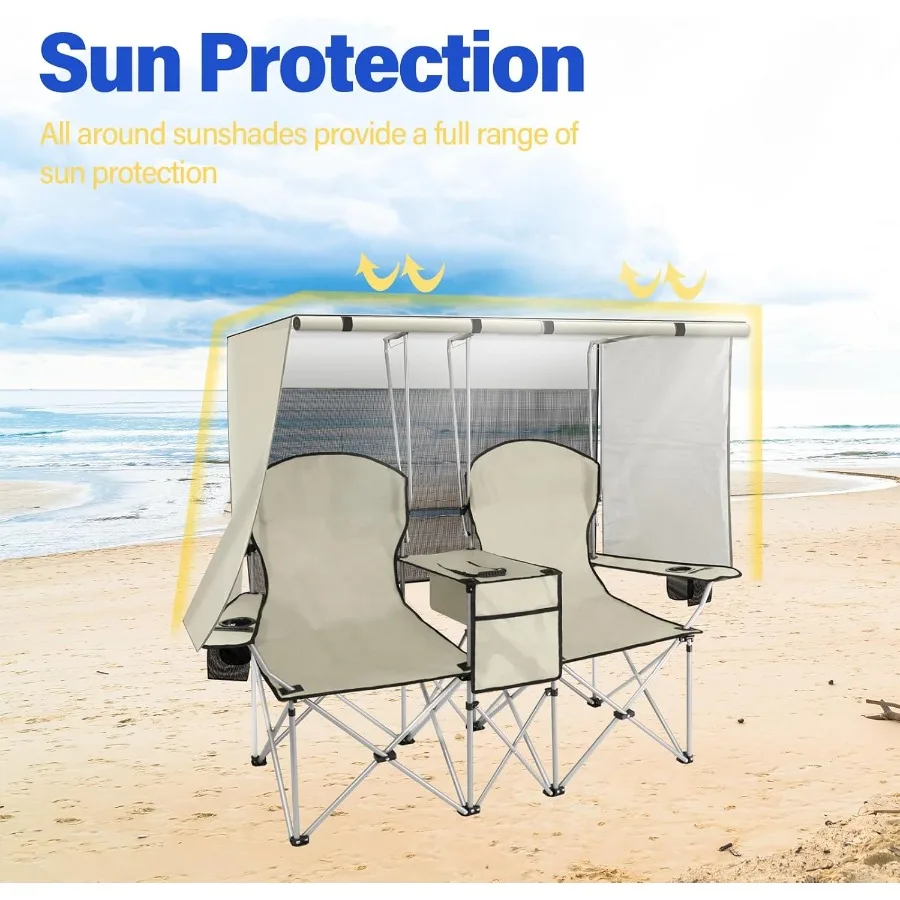 كرسي تخييم مزدوج محمول مع مظلة للبالغين: كرسي شاطئ قابل للطي عالي التحمل يتميز بحقيبة تبريد مدمجة مثالية f
