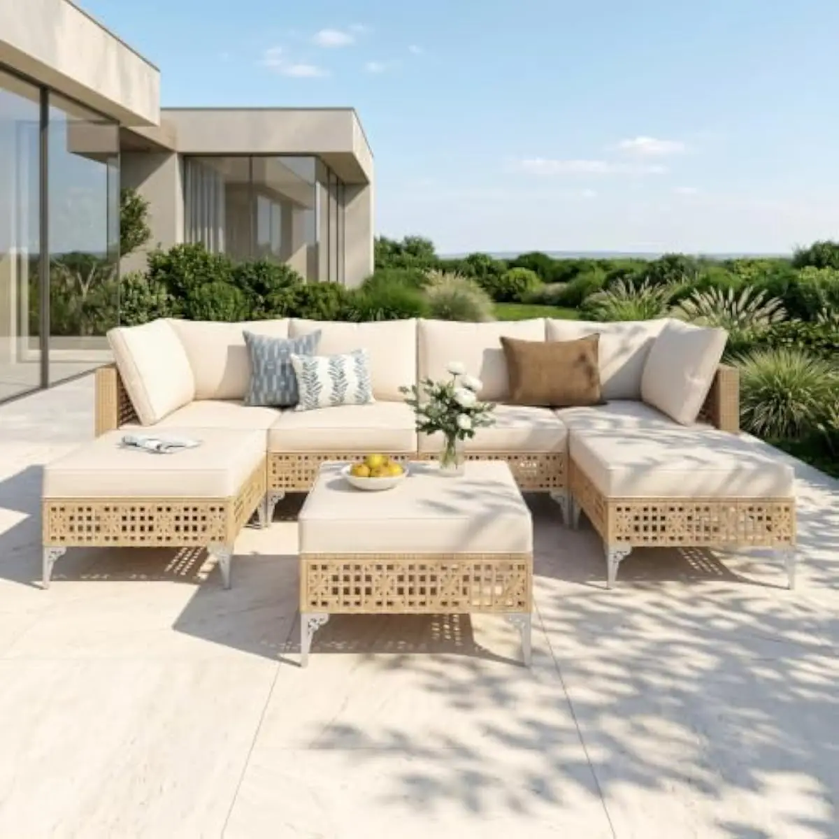 Boho Rectangular Wicker Patio Sectional with Beige Cushions Diamond Weave PE Rattan Silver Metal Legs Adjustable Feet Modular Ou
