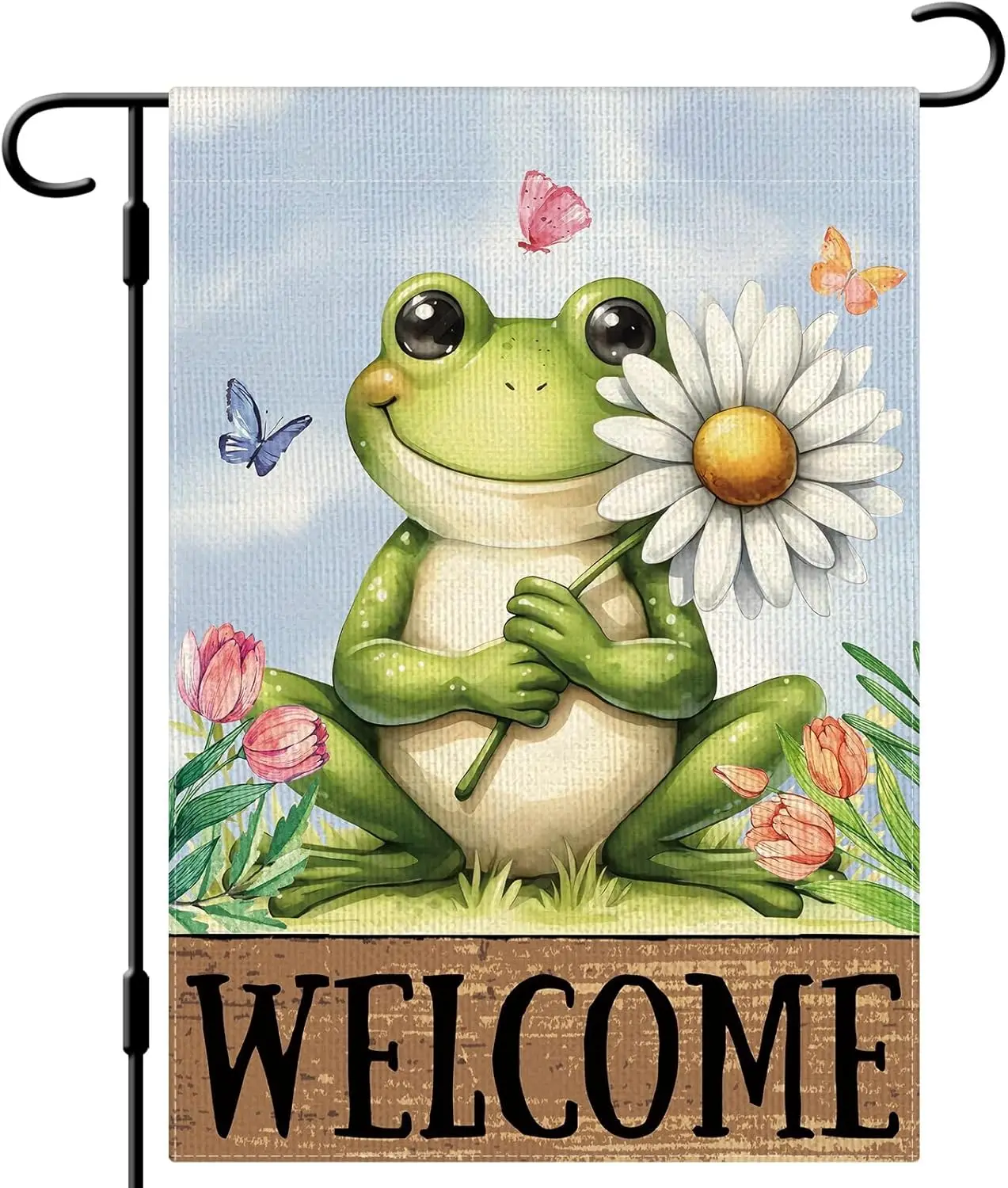 DLZDN Welcome Spring Frog Floral Garden Flag 12×18 Inch Double Side Vertical Burlap Farmhouse Yard Sign Seasonal Outdoor Dec EEZ