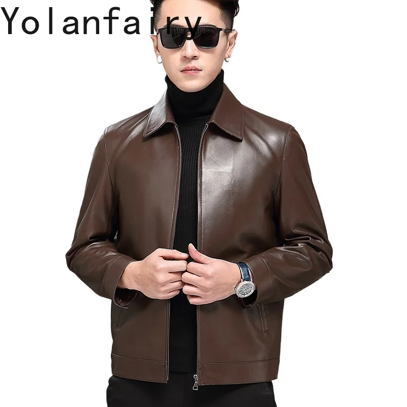 

YOLANFAIRY новая весенне-осенняя куртка из натуральной овчины, мужская облегающая повседневная деловая кожаная куртка, мужское коричневое футболка