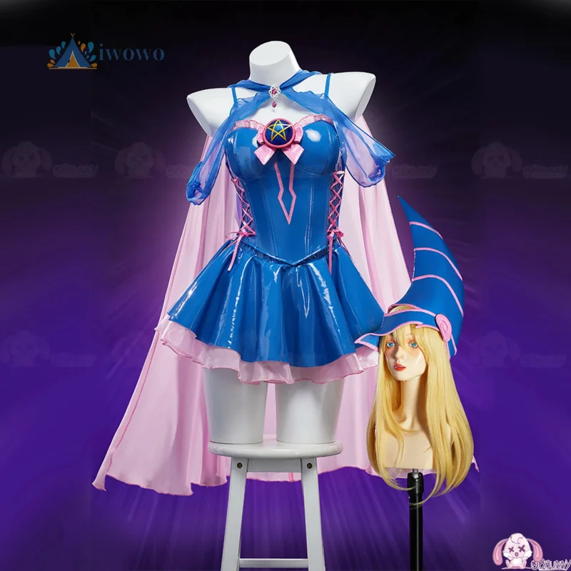 

Black Magician Girl Cosplay Costume Yu Gi Oh Cute Blue leather top skirt cloak headwear prop set Halloween women uniform