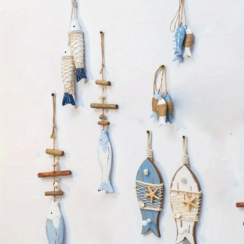 1PC Fish String Wooden Fish Sea Pendant for Decor Fish Skewers Wood Carving Pendant Fish Hanging Decor