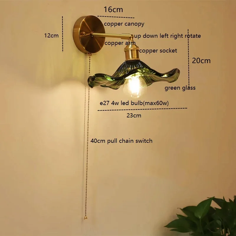 IWHD-Lámpara de pared LED de cobre y cristal verde, candelabro con cadena de tracción, luz nórdica moderna para dormitorio, baño y escalera