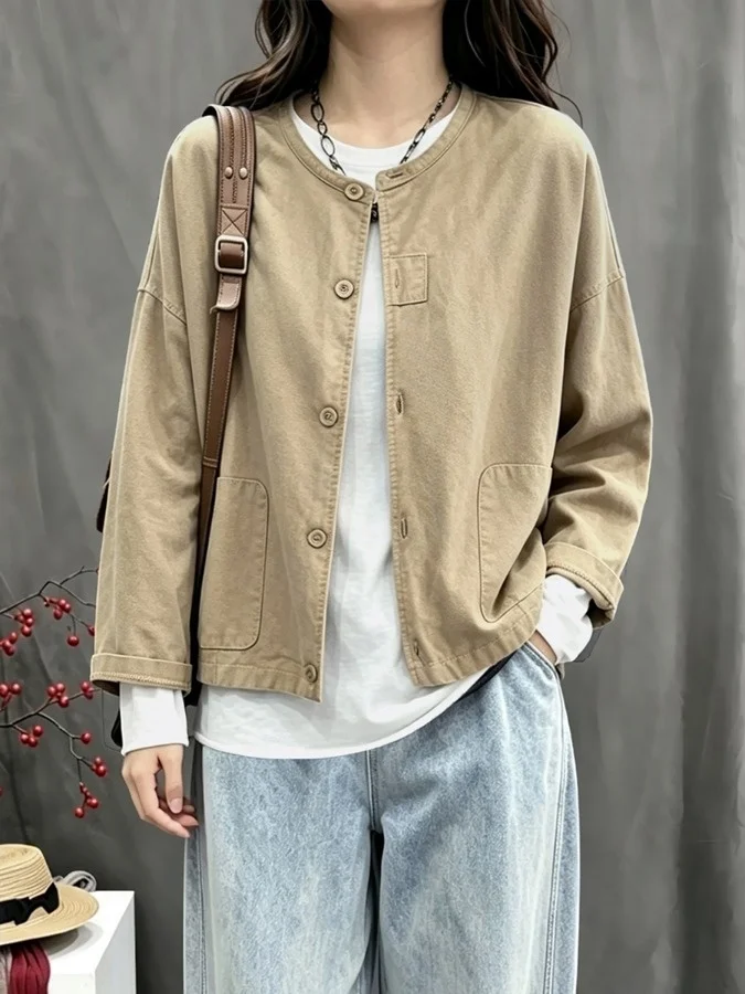 Casual Loose Fit Short Sleeve Long Jacket Thin Outerwear Pure Color round Neck Button up Women's Autumn Fashion Outerwear