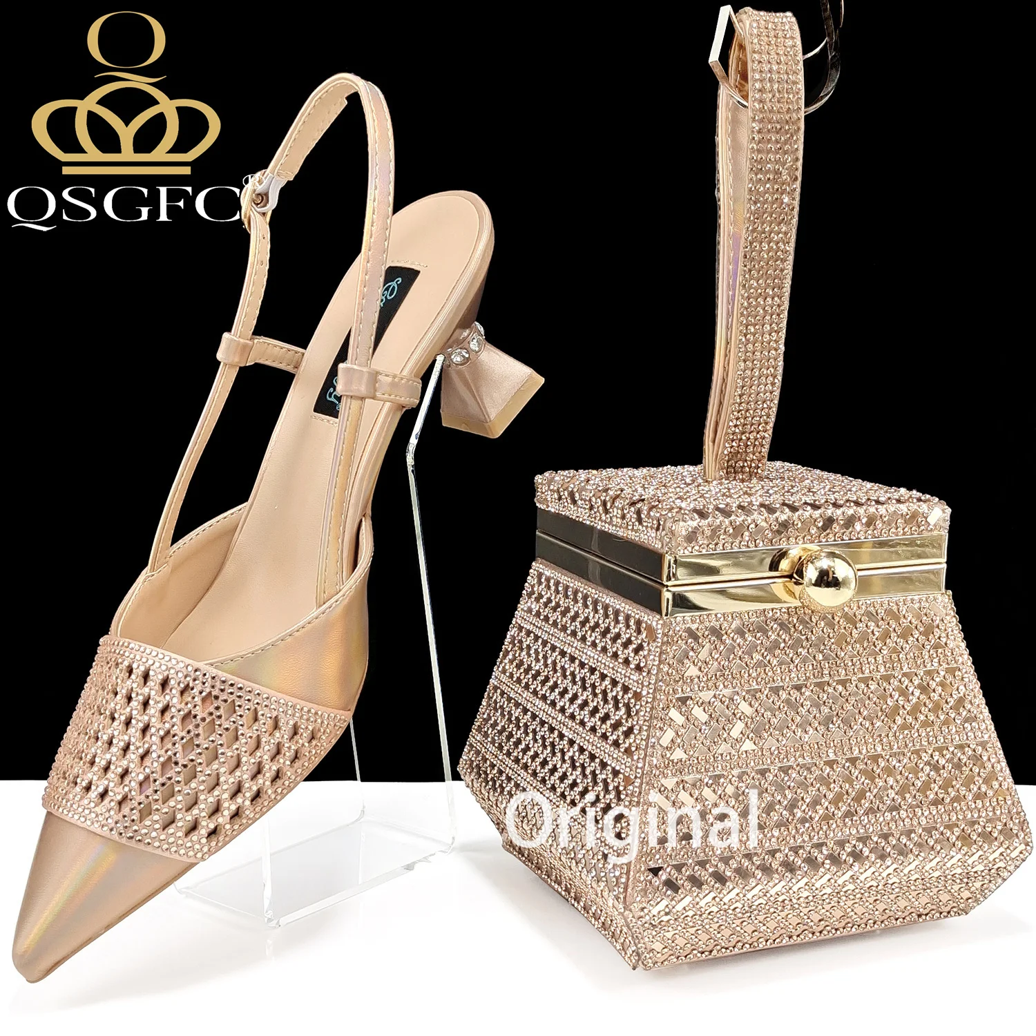 Nigeria Moda Damskie buty imprezowe inkrustowane kryształkami i specjalna torba Wysokie obcasy i dwufunkcyjna mini torba Buty damskie