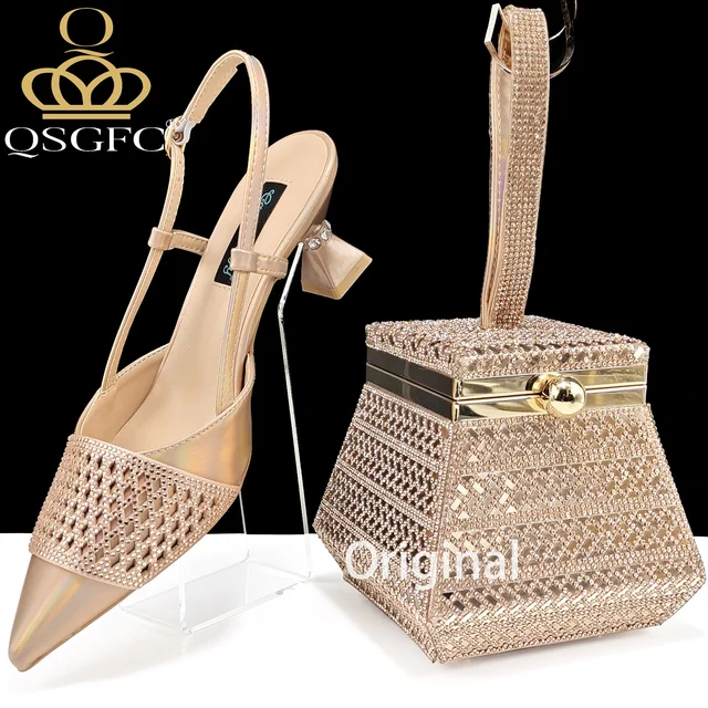 Nigeria Moda Damskie buty imprezowe inkrustowane kryształkami i specjalna torba Wysokie obcasy i dwufunkcyjna mini torba Buty damskie