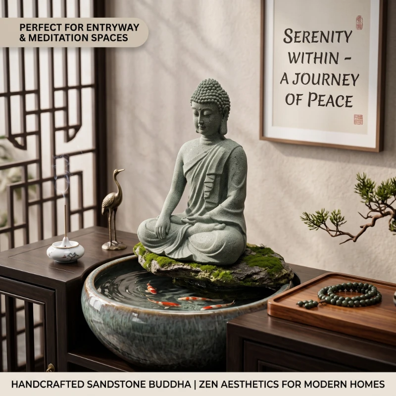 Zen Buddha Statue Ornaments Fish Tank Rockery Bonsai Flowing Water Figure Micro Landscape Decoration Green Sandstone Small Craft