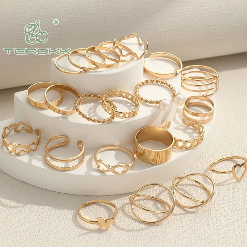 Imitation Pearl Leaf Flower Rings Set For Women Punk Vintage Geometry Finger Ring Metal Knuckle Finger Ring Jewelry Gifts image 2