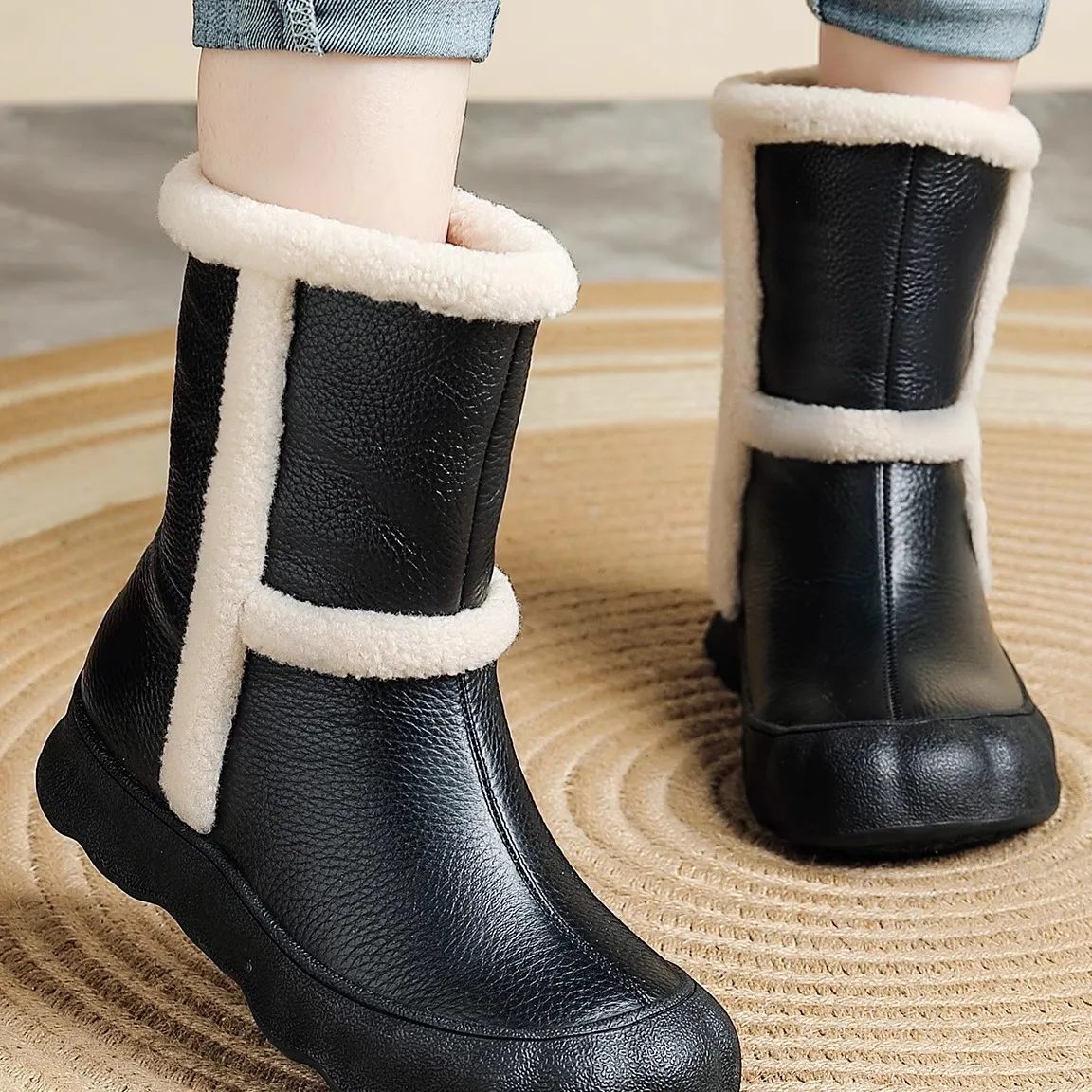 

Thick Bottom Platform Short Boots Style Snow Boots Winter Warm Cotton Lined Cowhide Leather Retro Vintage Boots