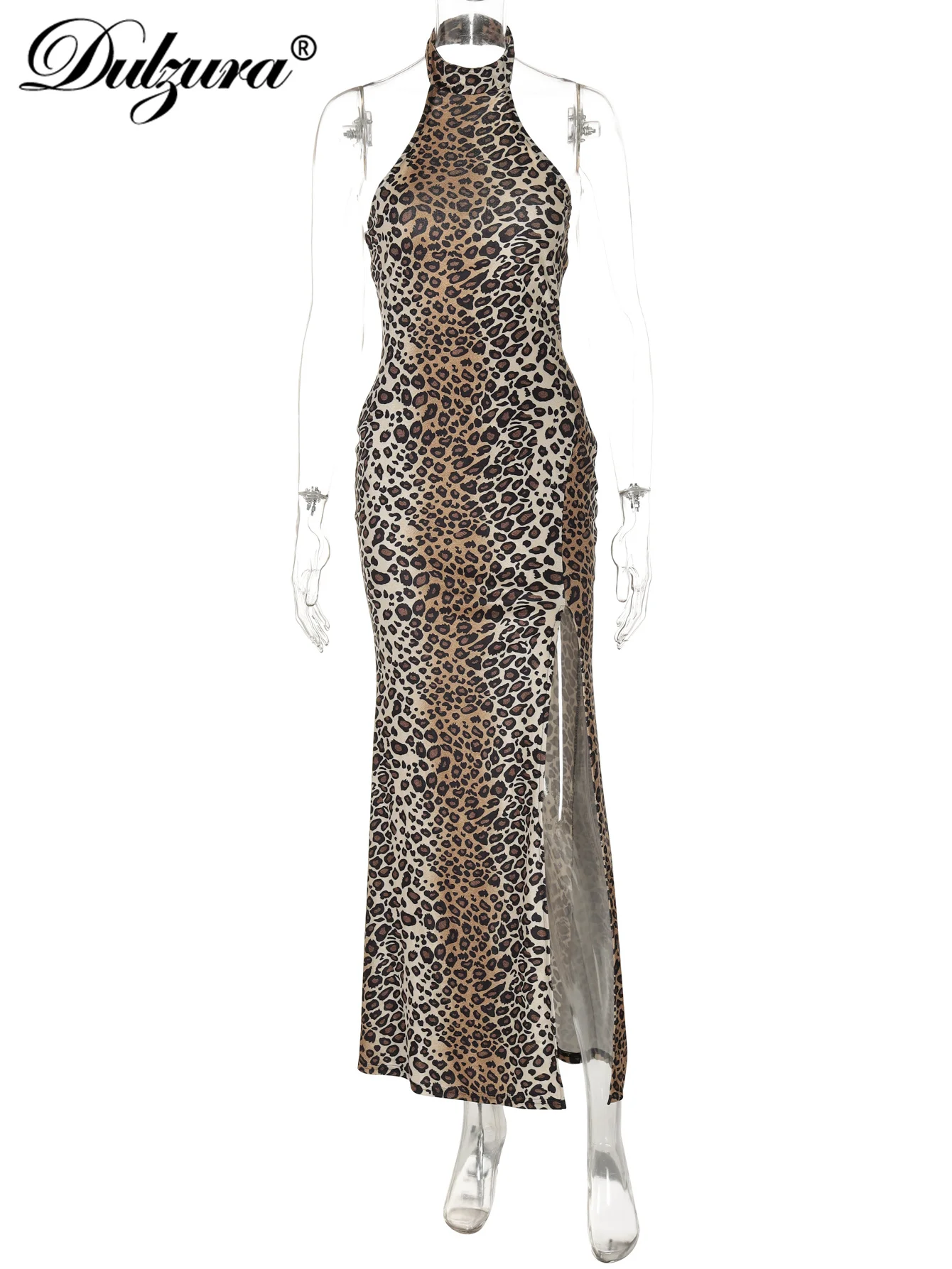 Dulzura Neckholder, ärmellos, rückenfrei, figurbetont, seitlicher Schlitz, Knöpfe, Leopardenmuster, Maxikleid, sexy, elegantes langes Kleid, Party, Club-Outfit