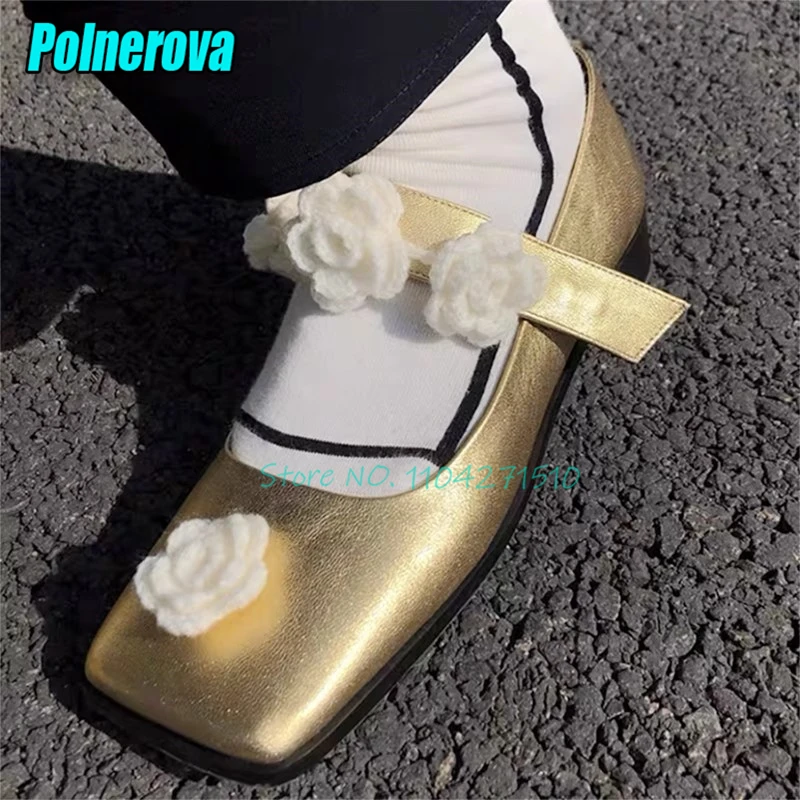 Golden Square Toe Mary Jane Shoes for Women Flower Decor Strap Soft Leather Shallow Pumps Spring Summer New Flats Casual Shoes