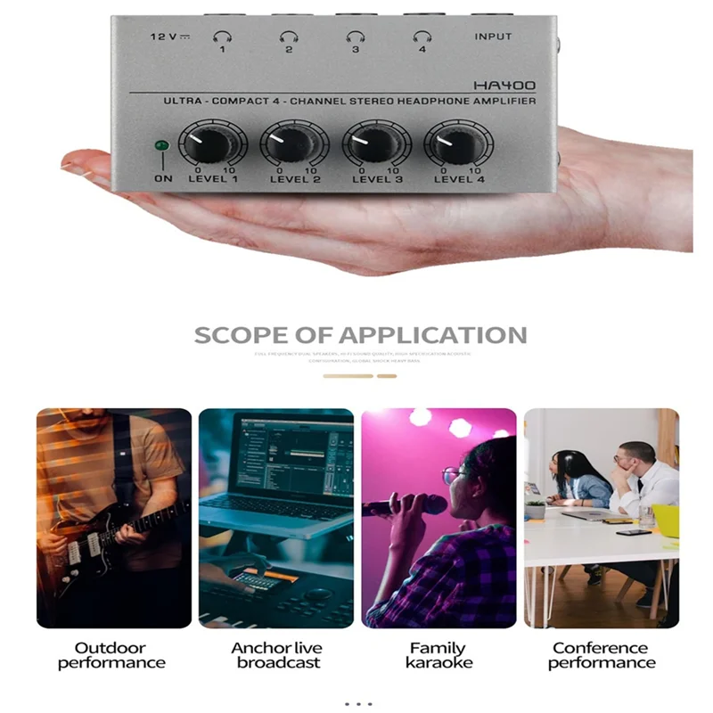 B03B-Ultra-Portable HA400 4-Channel Metal Stereo Headphone Amplifier For Sound Mixing And Guitar, EU Plug