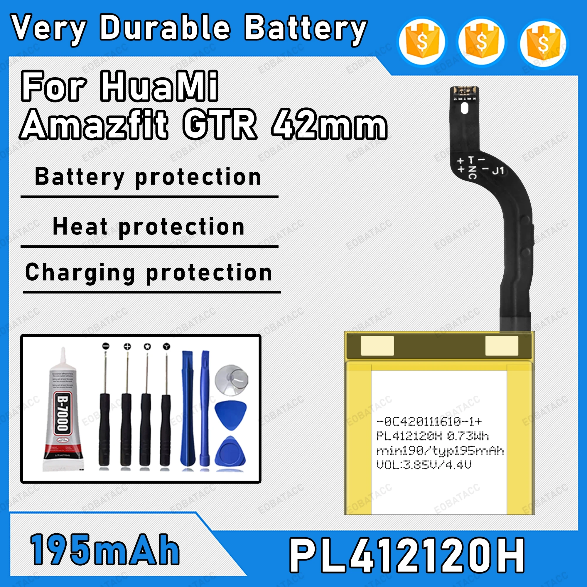 

190mAh 100% New PL412120H Battery For HuaMi Amazfit GTR 42mm Replacement Bateria+Free Tools