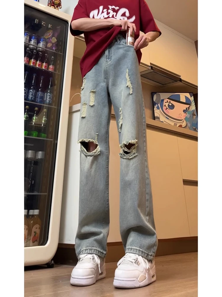 

American High Street Vibe Men's Distred Jeans Straight Leg High Waist Premium Fabric Faionable And Wear-resistant Summer...