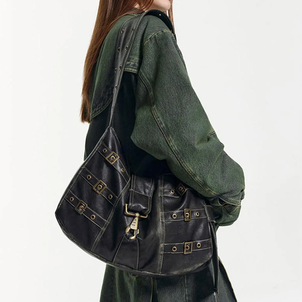 

Women Y2k Shoulder Bag Locomotive Leather Hobo Bag Versatile PU Satchel Bag Top Handle Bag Aesthetic Purse