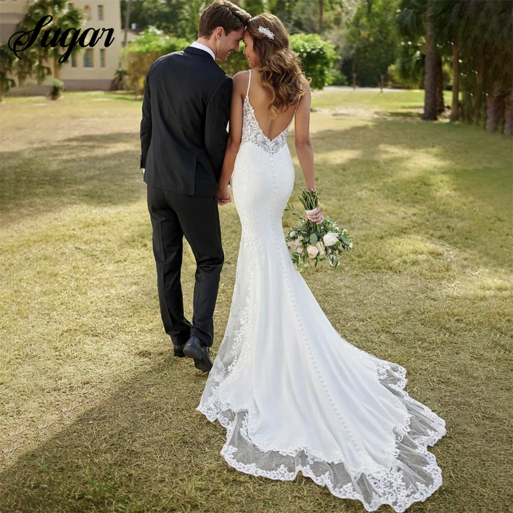 Lace Mermaid Wedding Dresses com Spaghetti Straps, vestido longo sem mangas, V-Neck, apliques sem encosto, trem sexy, fotos reais