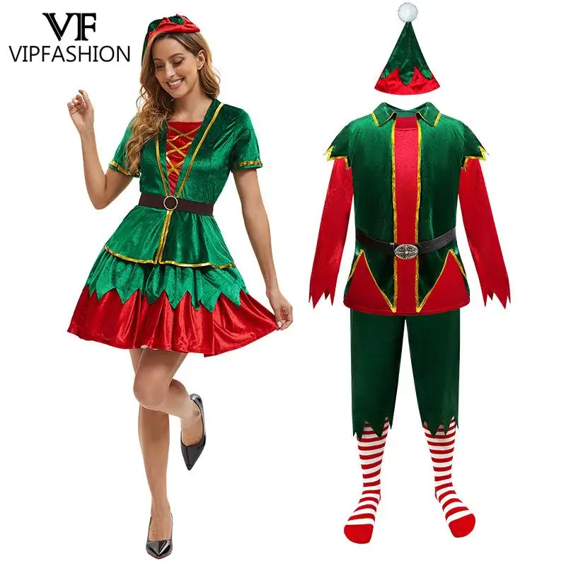 

VIP МОДА Пара Рождественский костюм эльфа Женское платье для косплея с головным убором Мужской рождественский наряд Верхние брюки Костюм со шляпой Носки
