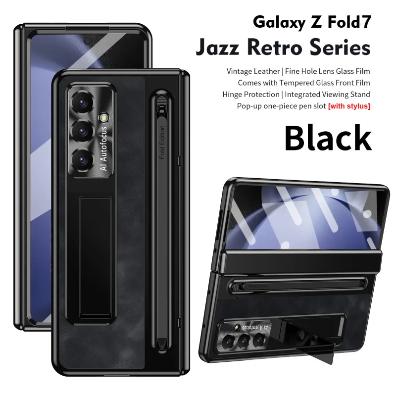 

Складной чехол для телефона с кронштейном для Samsung Galaxy Z Fold 7, кожаный чехол в стиле ретро Z Fold 6 5 4, с ручкой groov Plus, закаленная пленка