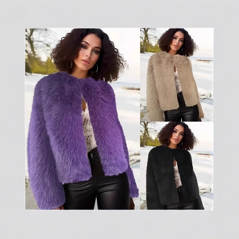 

2025 new autumn and winter round neck short jacket imitation fur jacket women's fashion temperament solid color women's top