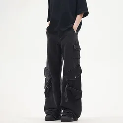 OIMG Y2K Streetwear czarne wiele kieszeni workowate dżinsy spodnie Cargo dla mężczyzn markowe ubrania proste spodnie Pantalon Homme