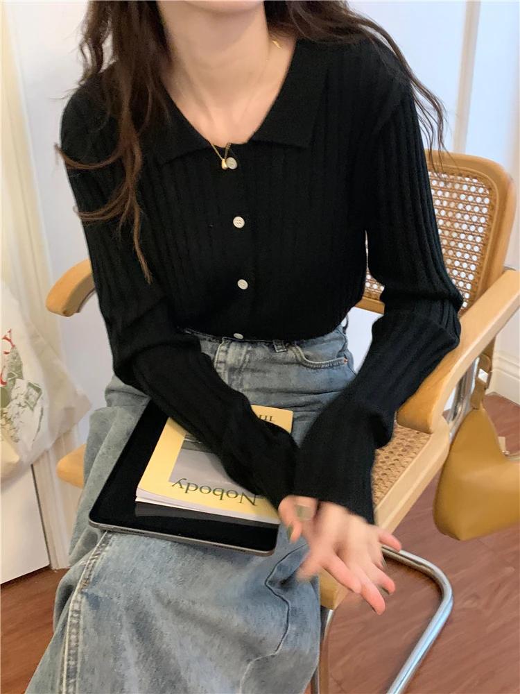 

Шикарный элегантный вязаный топ с воротником-поло, женский новый винтажный нежный многослойный свитер, облегающий кардиган, мягкая эластичная повседневная блузка